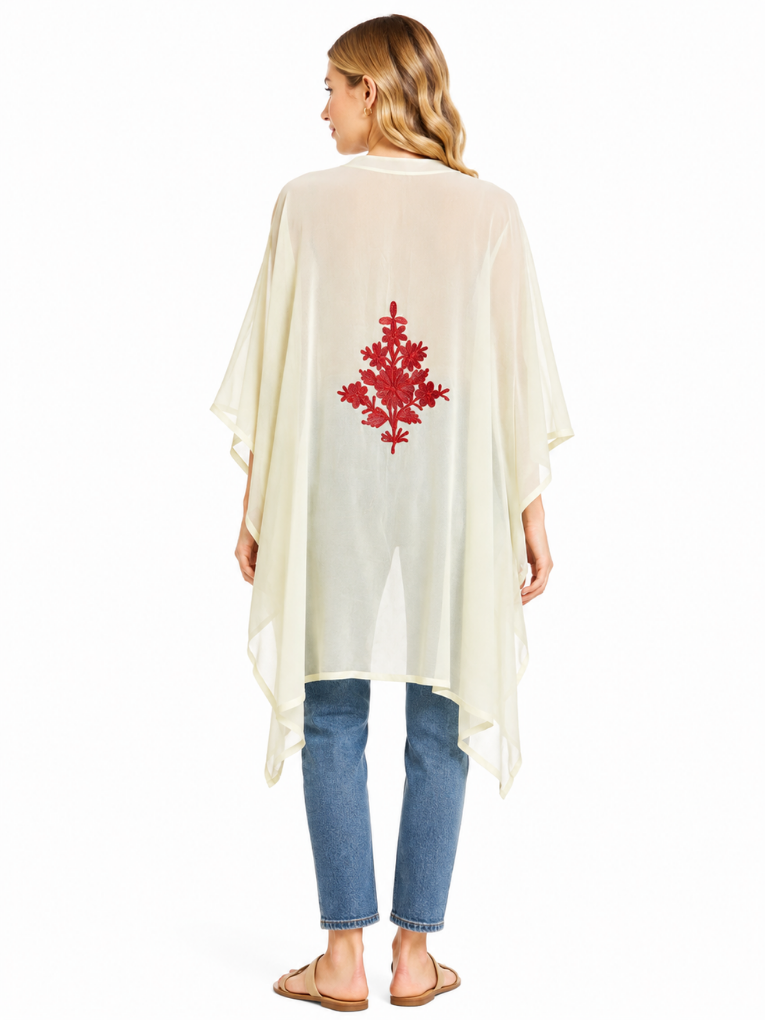 Ivory Embroidered Kaftan with Rich Crimson Floral Vine Embroidery